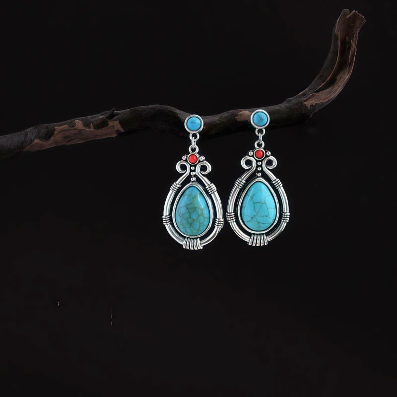 Aretes colgantes de turquesa tibetana en forma de gota de agua Tibet Turquoise Waterdrop Dangle Earrings