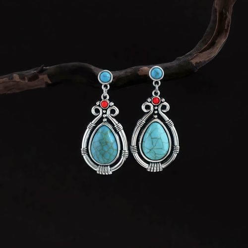 Aretes colgantes de turquesa tibetana en forma de gota de agua Aretes colgantes de turquesa tibetana en forma de gota de agua