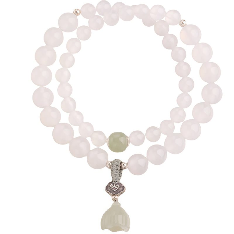 Pulsera de Protección de Ágata Blanca Tibetana con Loto Tibetan White Agate Lotus Protection Bracelet