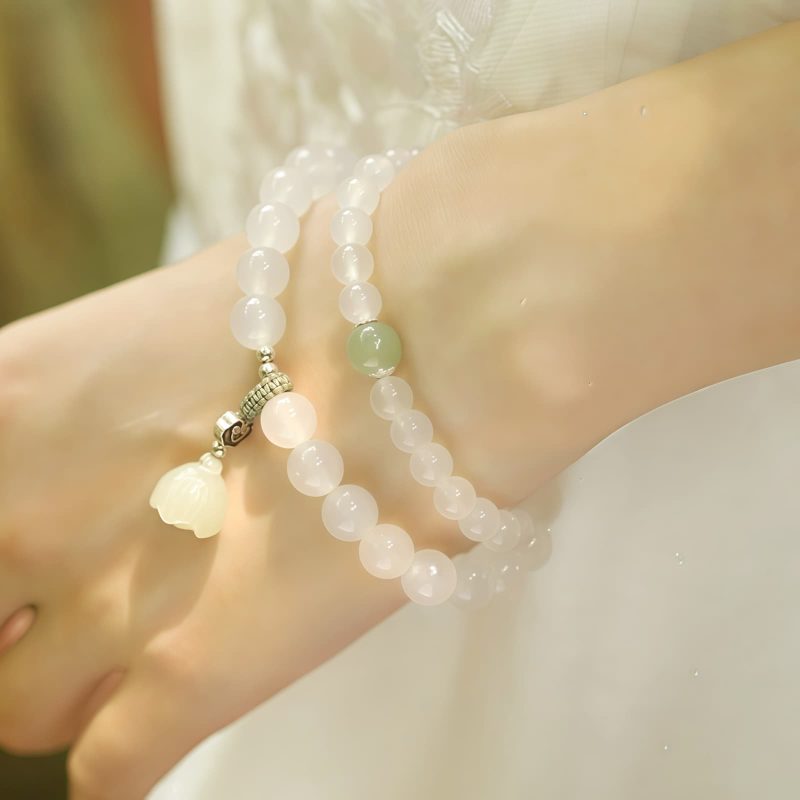 Pulsera de Protección de Ágata Blanca Tibetana con Loto Tibetan White Agate Lotus Protection Bracelet