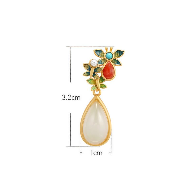 Aretes colgantes de jade blanco y ágata roja con forma de mariposa White Jade Red Agate Butterfly Dangle Earrings