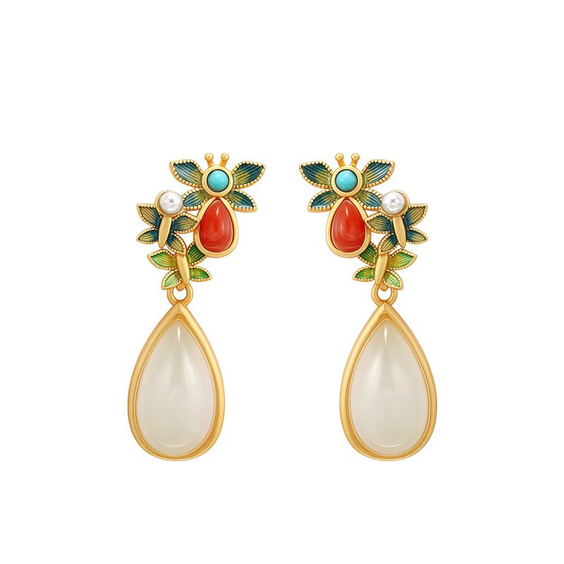 Aretes colgantes de jade blanco y ágata roja con forma de mariposa White Jade Red Agate Butterfly Dangle Earrings
