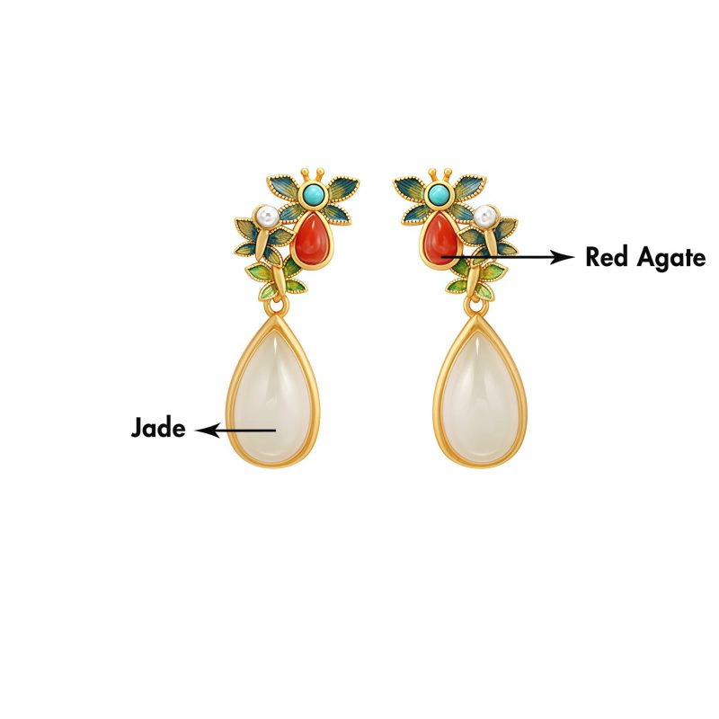 Aretes colgantes de jade blanco y ágata roja con forma de mariposa White Jade Red Agate Butterfly Dangle Earrings
