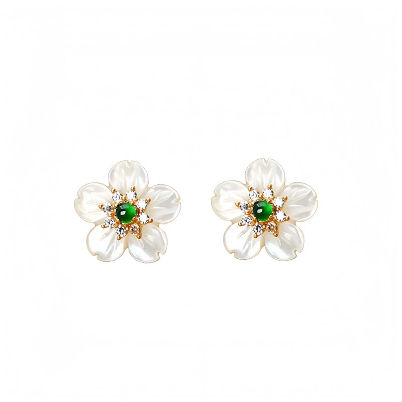 Aretes de Flor de Jade y Plata 925 con Tridacna 925 Silver Tridacna Jade Flower Earrings