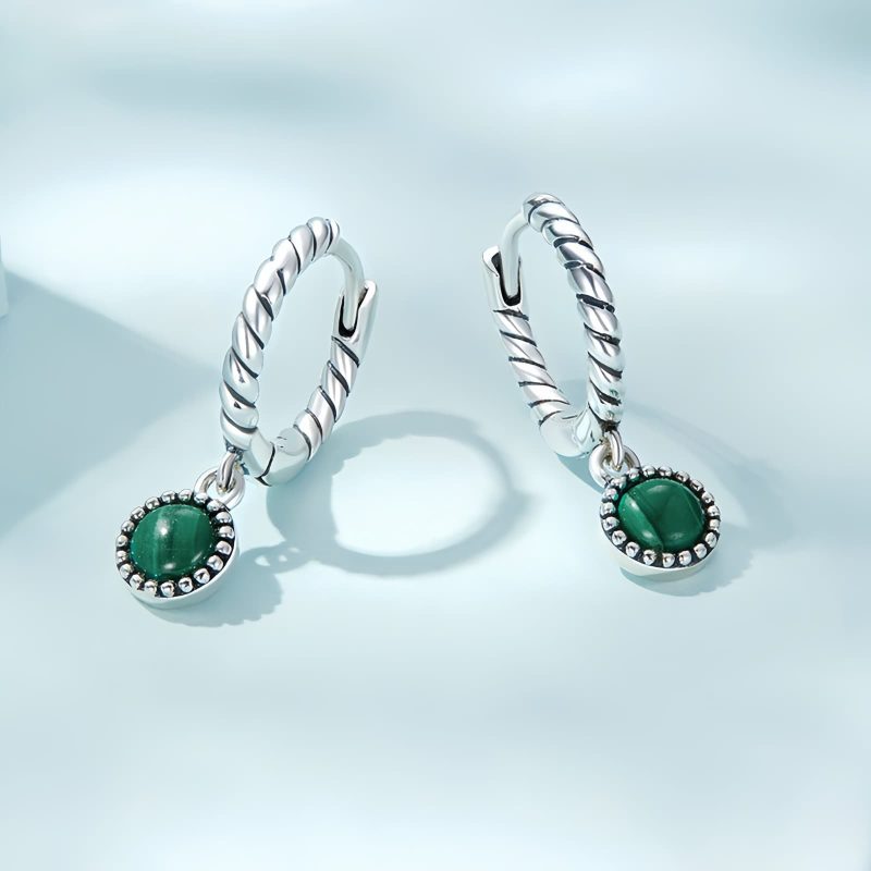 Aretes Redondos de Malaquita y Plata 925 para la Ansiedad 925 Silver Round Malachite Anti-Anxiety Earrings