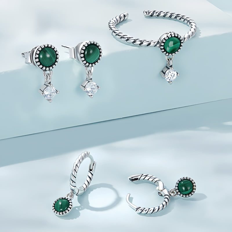 Aretes Redondos de Malaquita y Plata 925 para la Ansiedad 925 Silver Round Malachite Anti-Anxiety Earrings
