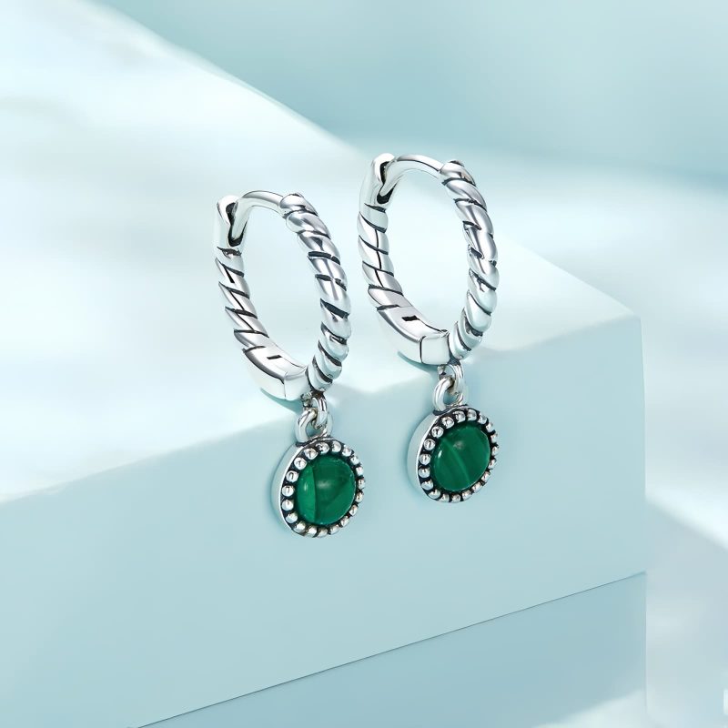 Aretes Redondos de Malaquita y Plata 925 para la Ansiedad 925 Silver Round Malachite Anti-Anxiety Earrings