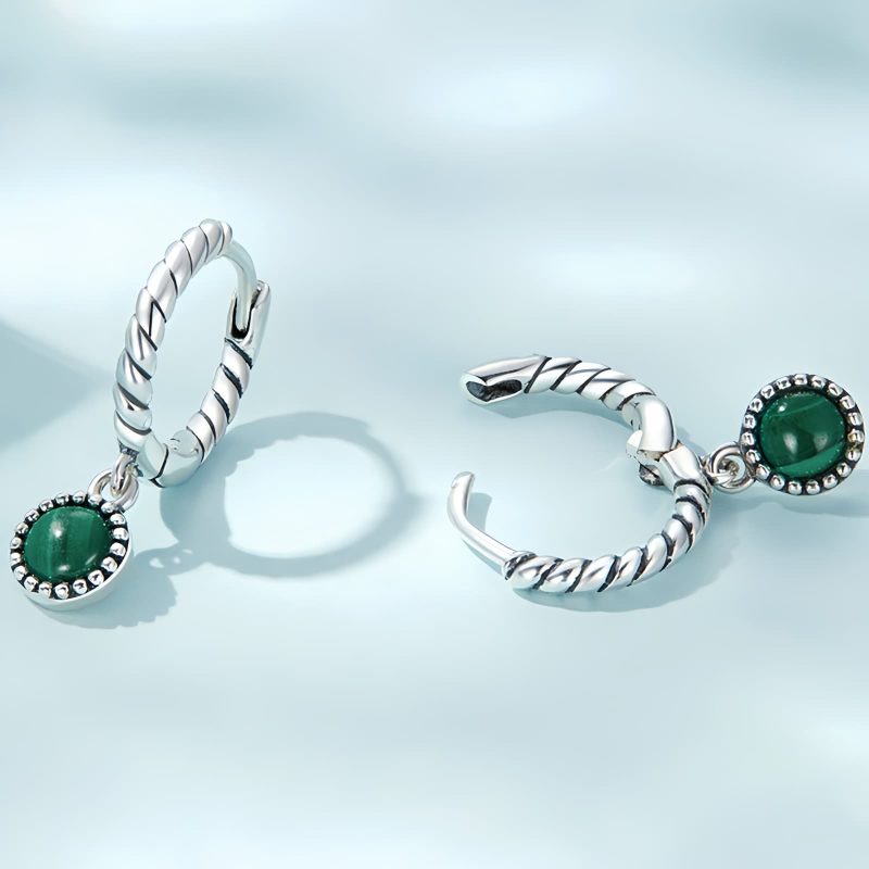 Aretes Redondos de Malaquita y Plata 925 para la Ansiedad 925 Silver Round Malachite Anti-Anxiety Earrings