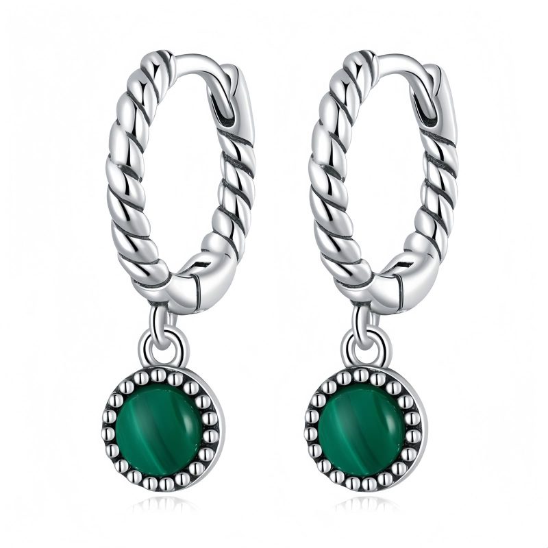 Aretes Redondos de Malaquita y Plata 925 para la Ansiedad 925 Silver Round Malachite Anti-Anxiety Earrings