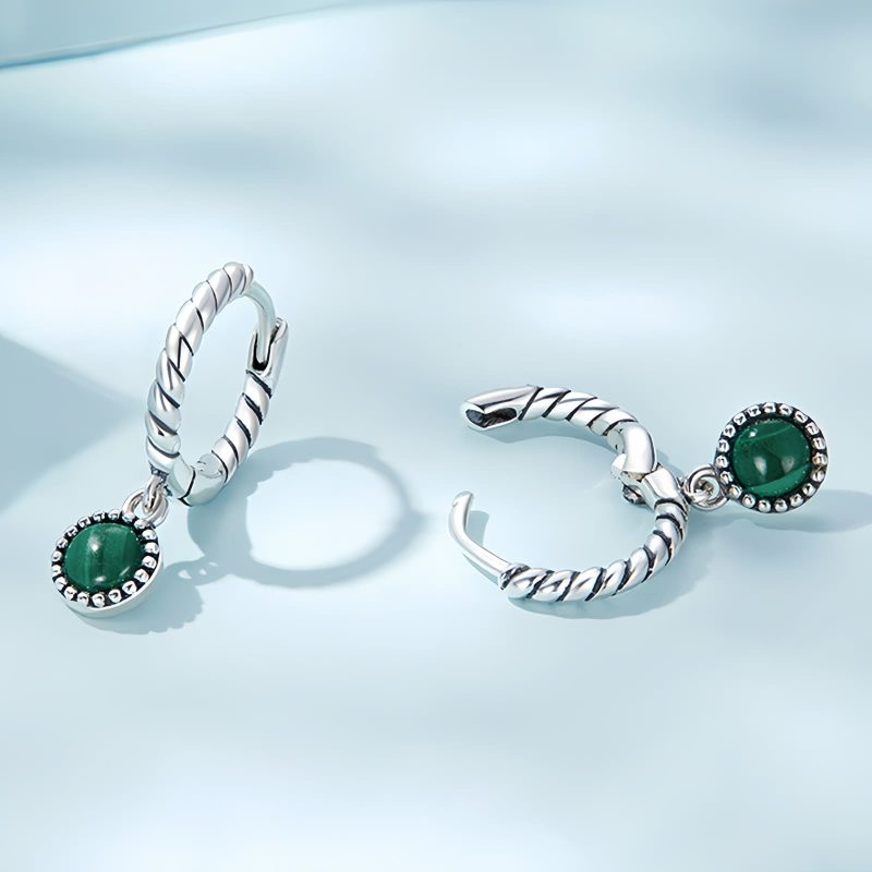 Aretes Redondos de Malaquita y Plata 925 para la Ansiedad 925 Silver Round Malachite Anti-Anxiety Earrings
