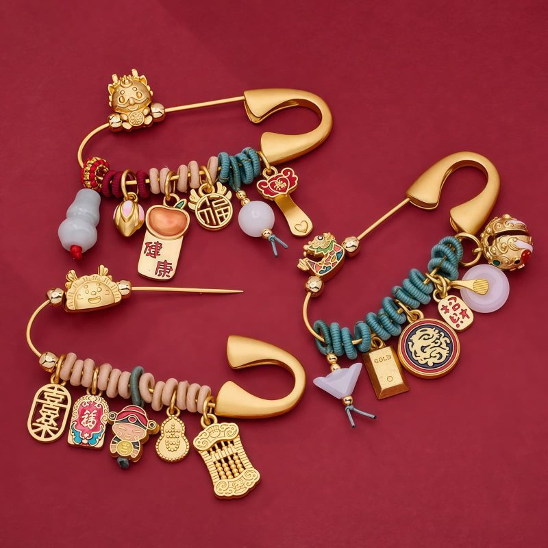 دبوس برونزي بتصميم تنين فو لجلب الحظ السعيد Brass Dragon Fu Fortune Brooch