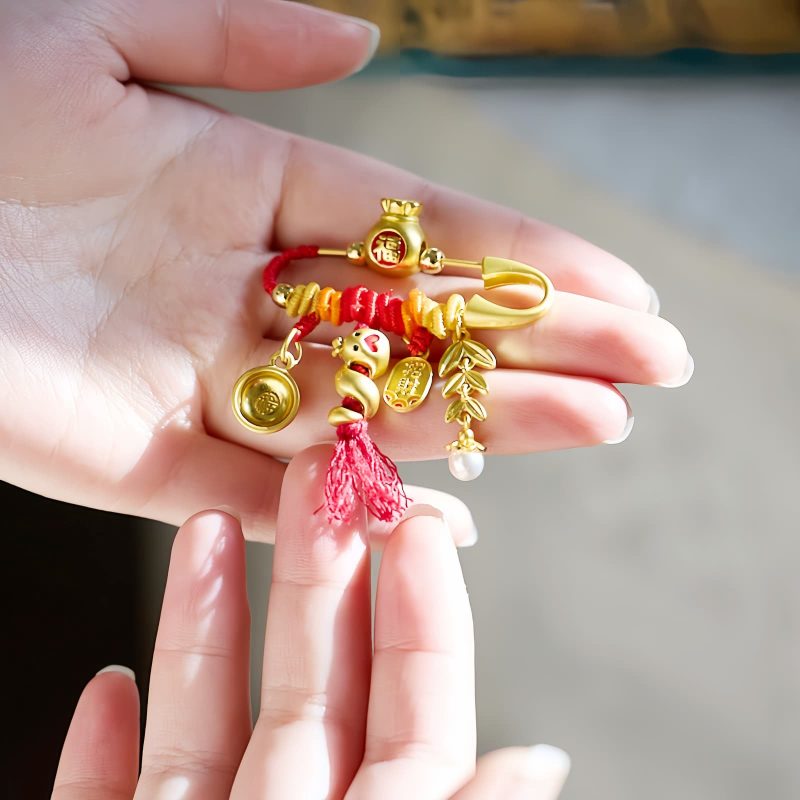 Broche de Cobre Ano da Serpente com Saco da Fortuna da Sorte Copper Year of the Snake Brooch with Lucky Fortune Bag