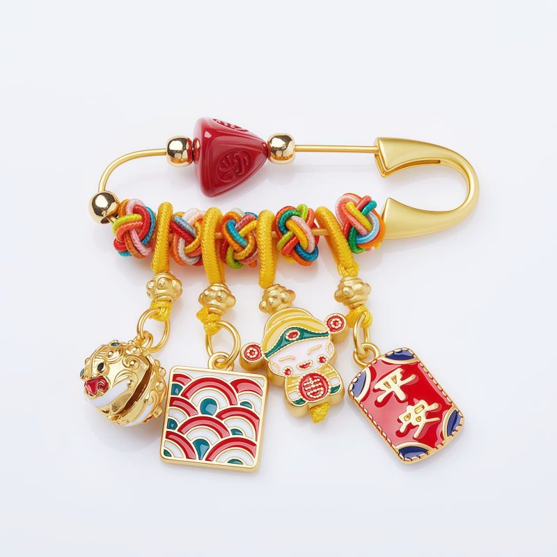 Broche Artesanal de Cai Shen con Cinabrio Handcrafted Cinnabar Caishen God Brooch