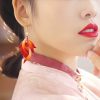Aretes de Pluma y Flor de Terciopelo Hechos a Mano Handmade Velvet Flower Feather Earrings
