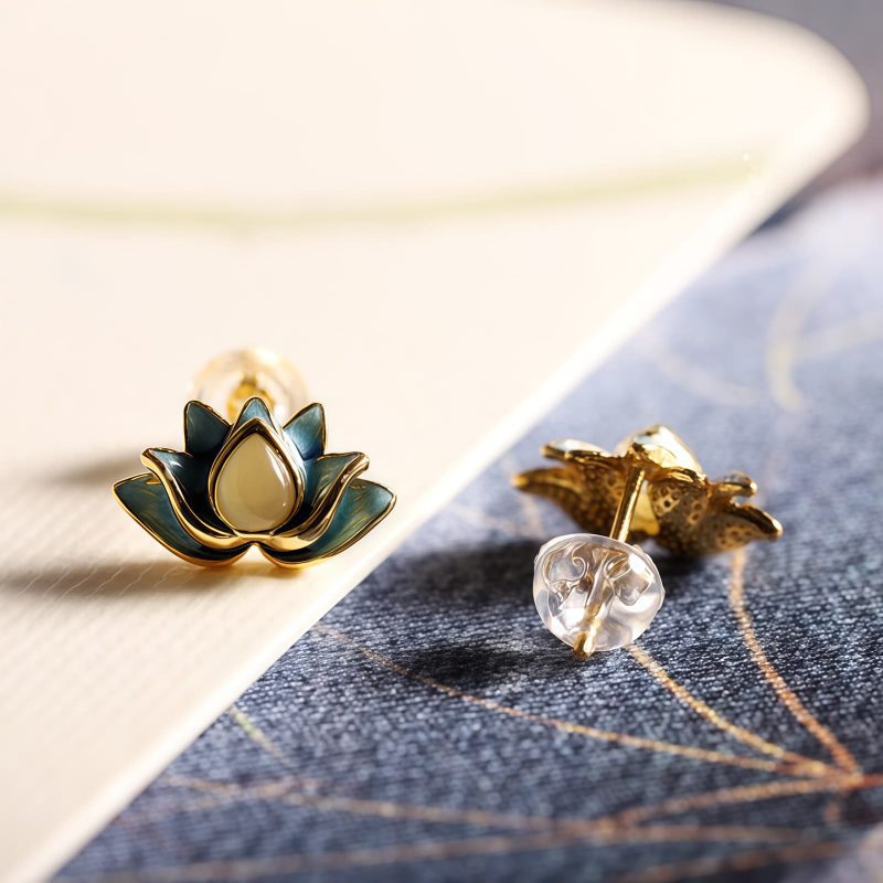 Aretes de Flor de Loto de Jade Cian Hetian Hetian Cyan Jade Lotus Flower Earrings