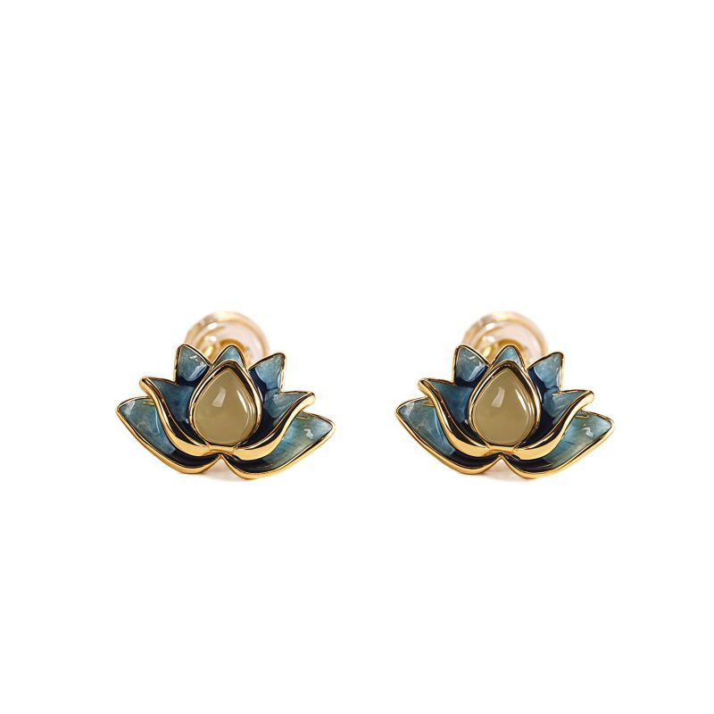 Aretes de Flor de Loto de Jade Cian Hetian Hetian Cyan Jade Lotus Flower Earrings