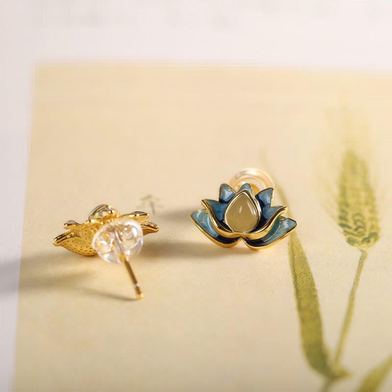 Aretes de Flor de Loto de Jade Cian Hetian Hetian Cyan Jade Lotus Flower Earrings