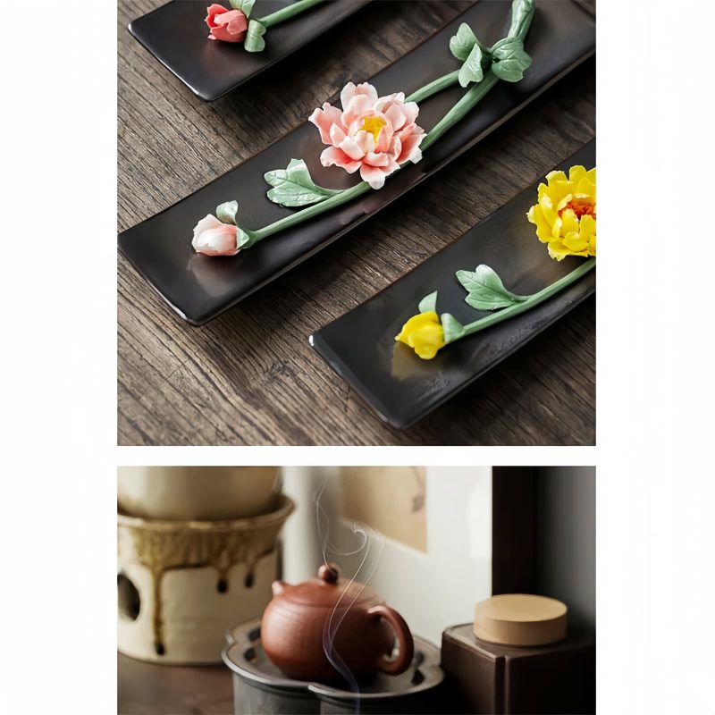 Quemador de Incienso de Loto y Peonía de Cerámica Lotus Peony Ceramic Incense Burner