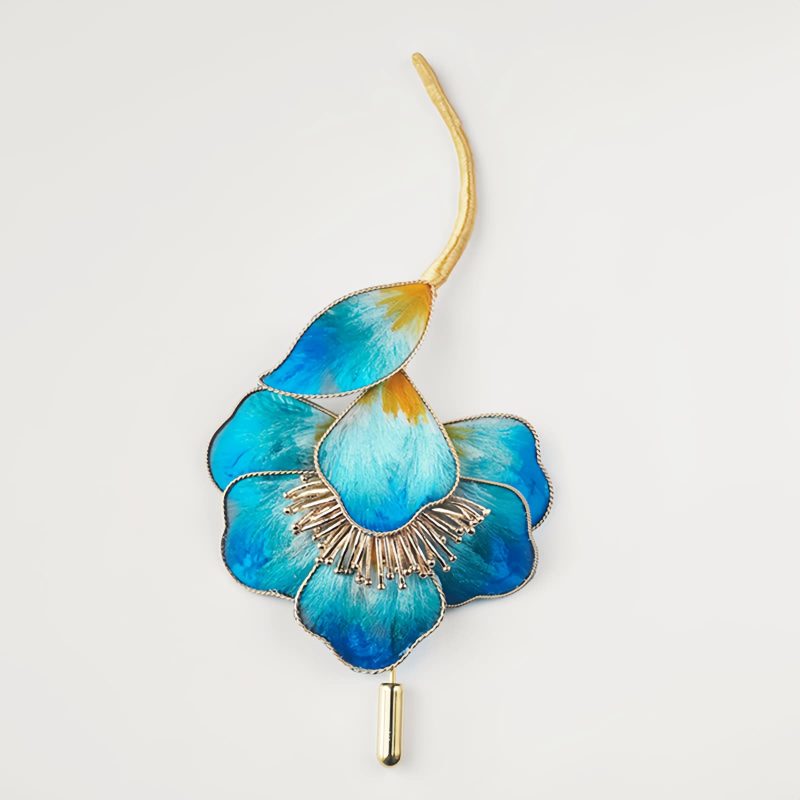 Broche de Flor Azul en Seda de Morera Mulberry Silk Blue Flower Brooch