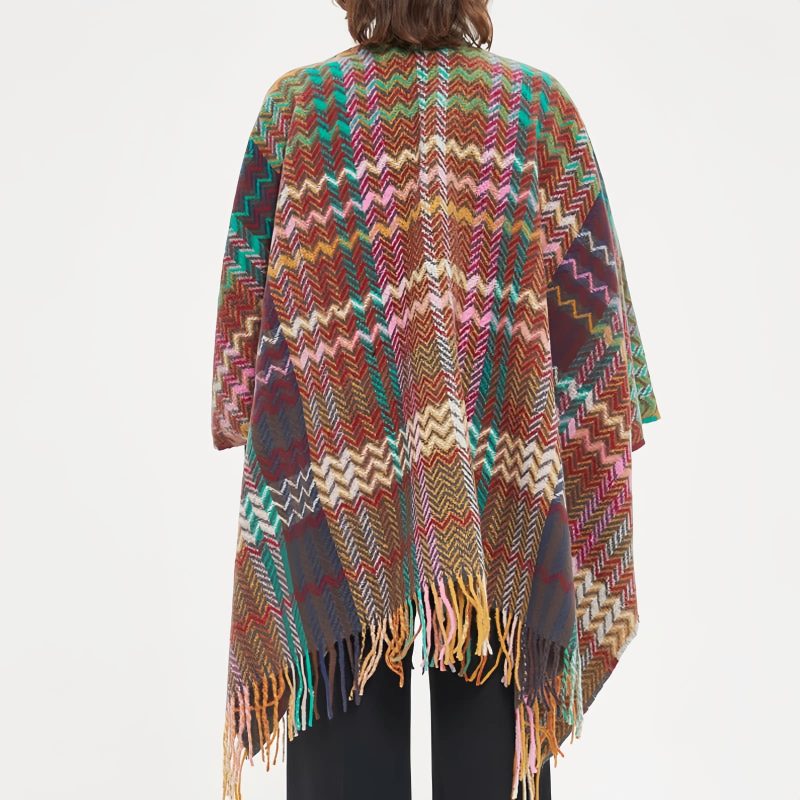 Chale Tibetano con Borlas Onduladas y Colores Vibrantes Tibetan Colorful Wavy Tassel Shawl