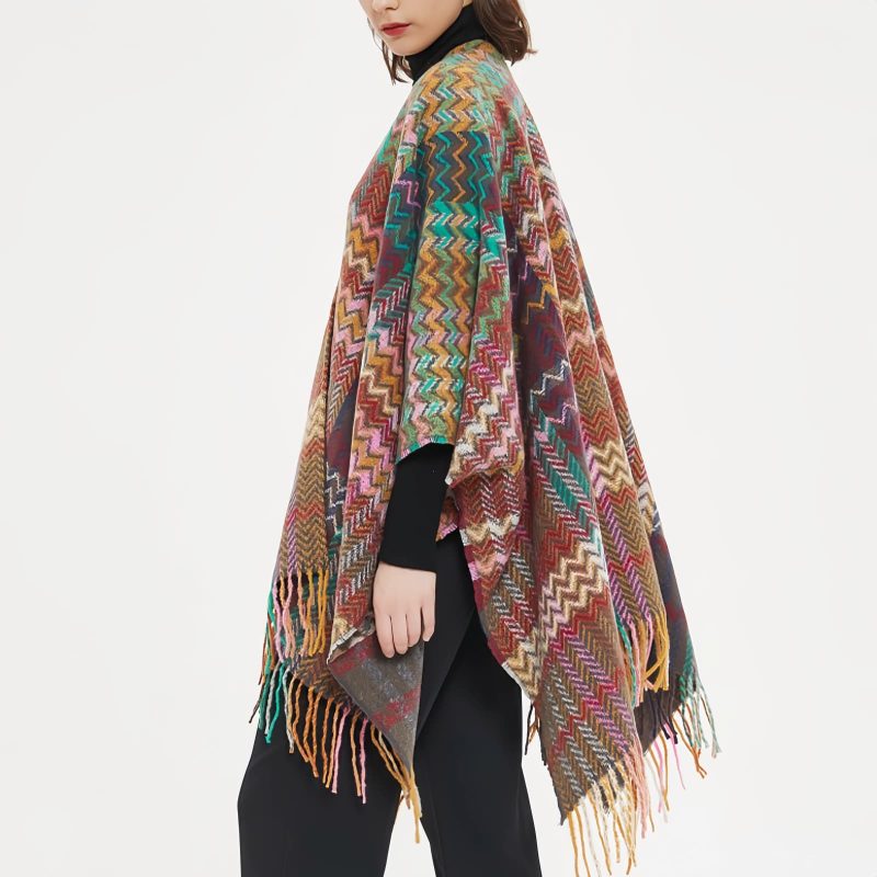 Chale Tibetano con Borlas Onduladas y Colores Vibrantes Tibetan Colorful Wavy Tassel Shawl