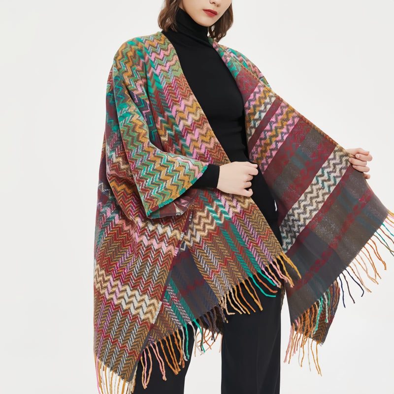 Chale Tibetano con Borlas Onduladas y Colores Vibrantes Tibetan Colorful Wavy Tassel Shawl