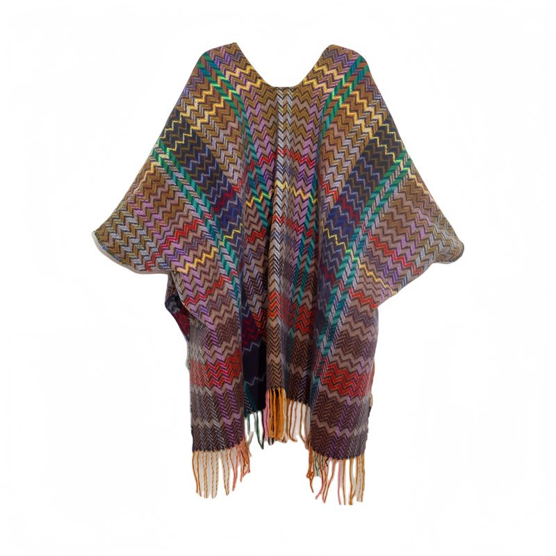 Chale Tibetano con Borlas Onduladas y Colores Vibrantes Tibetan Colorful Wavy Tassel Shawl
