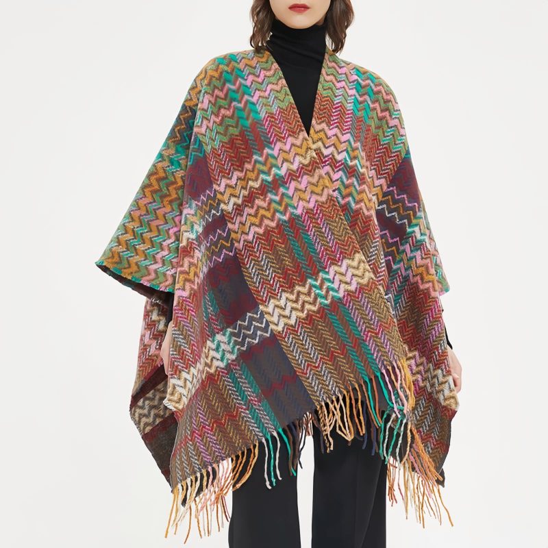 Chale Tibetano con Borlas Onduladas y Colores Vibrantes Tibetan Colorful Wavy Tassel Shawl