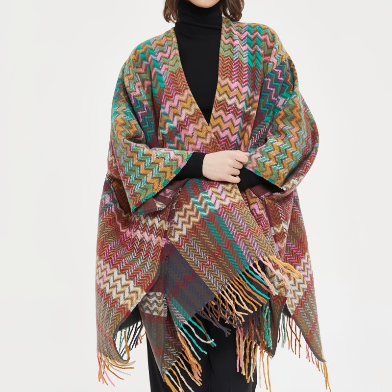 Chale Tibetano con Borlas Onduladas y Colores Vibrantes Tibetan Colorful Wavy Tassel Shawl