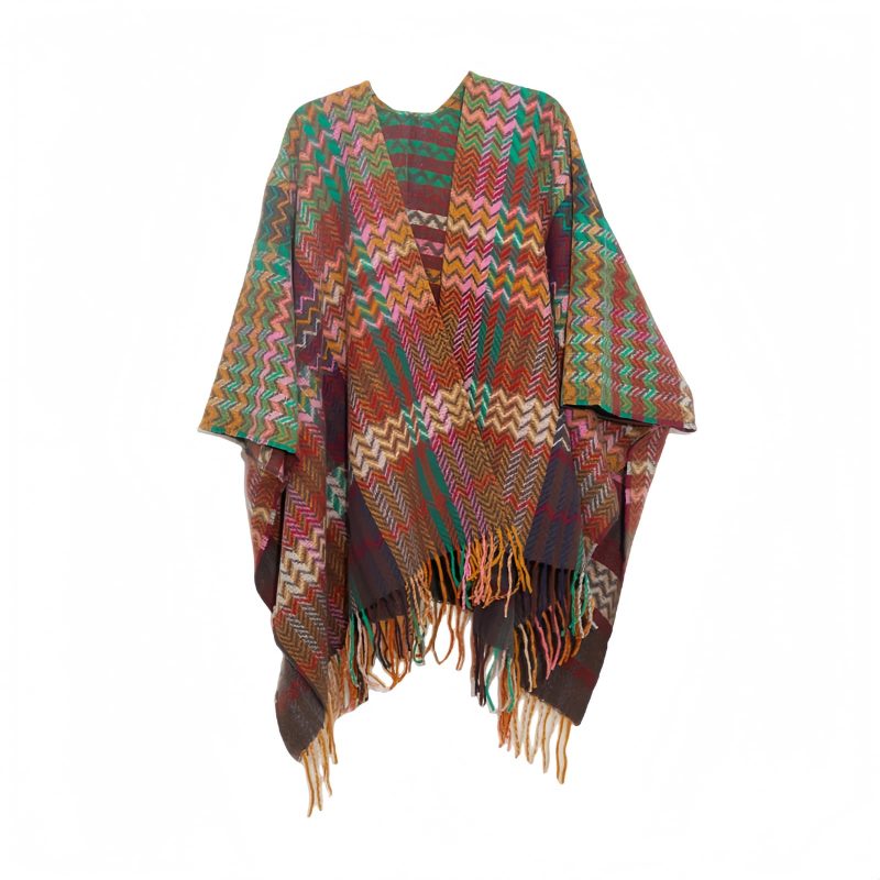 Chale Tibetano con Borlas Onduladas y Colores Vibrantes Tibetan Colorful Wavy Tassel Shawl