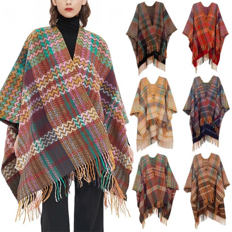 Chale Tibetano con Borlas Onduladas y Colores Vibrantes Tibetan Colorful Wavy Tassel Shawl