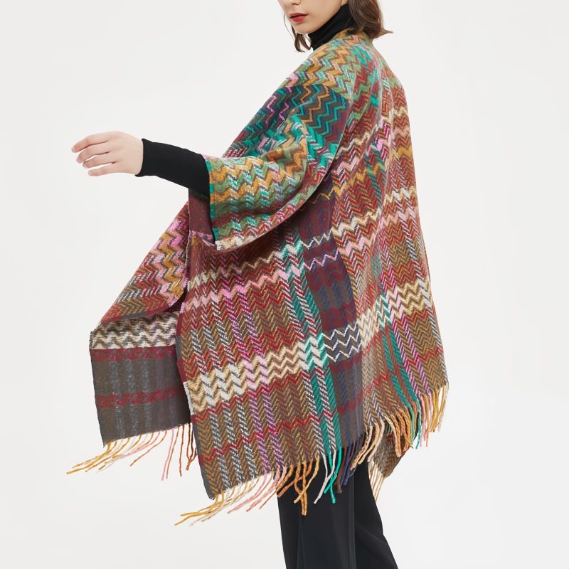 Chale Tibetano con Borlas Onduladas y Colores Vibrantes Tibetan Colorful Wavy Tassel Shawl