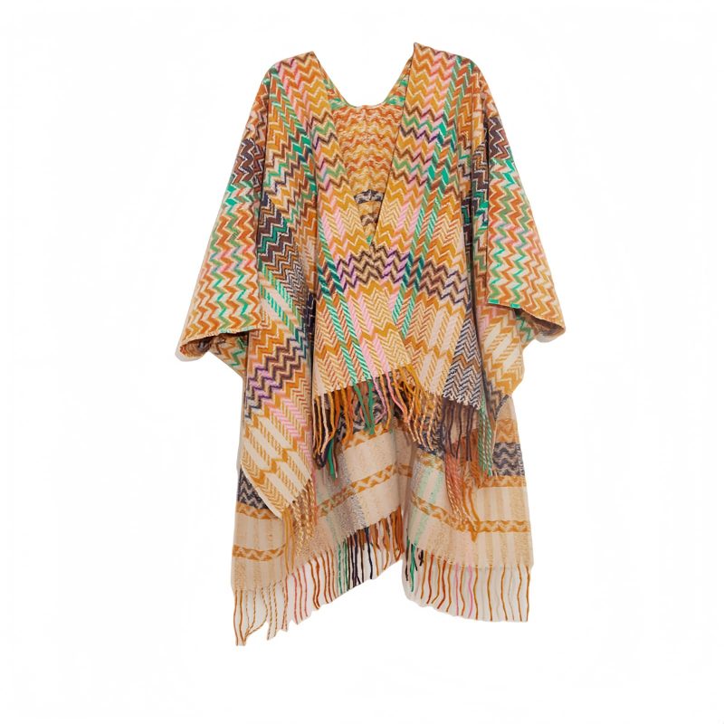 Chale Tibetano con Borlas Onduladas y Colores Vibrantes Tibetan Colorful Wavy Tassel Shawl