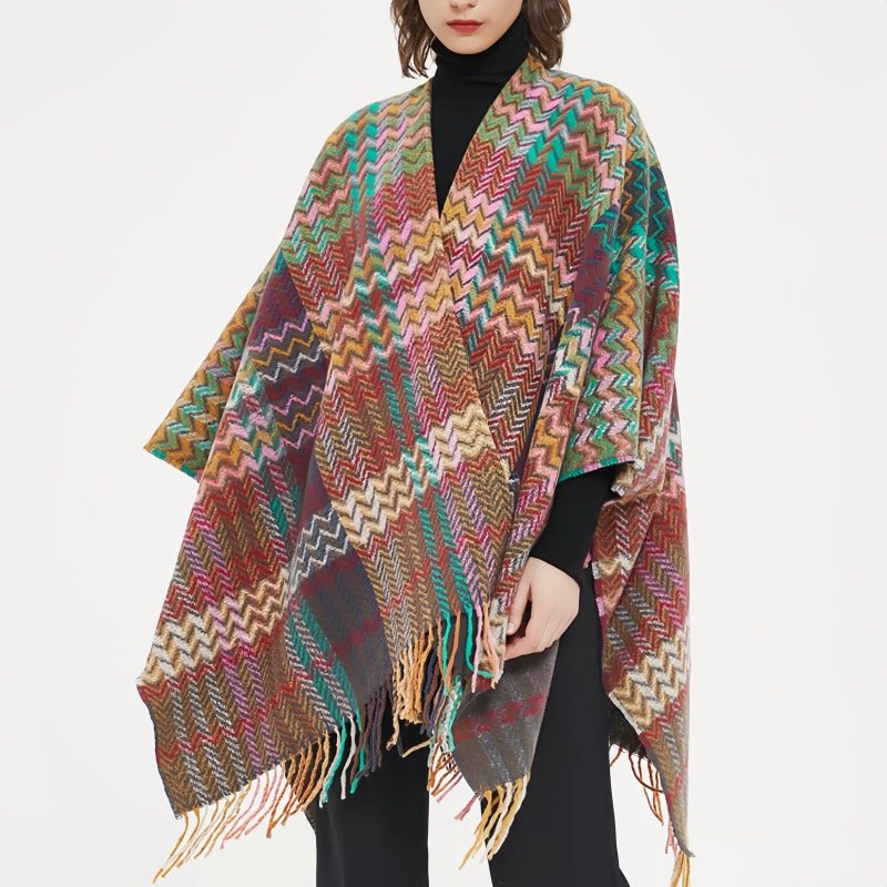 Chale Tibetano con Borlas Onduladas y Colores Vibrantes Tibetan Colorful Wavy Tassel Shawl