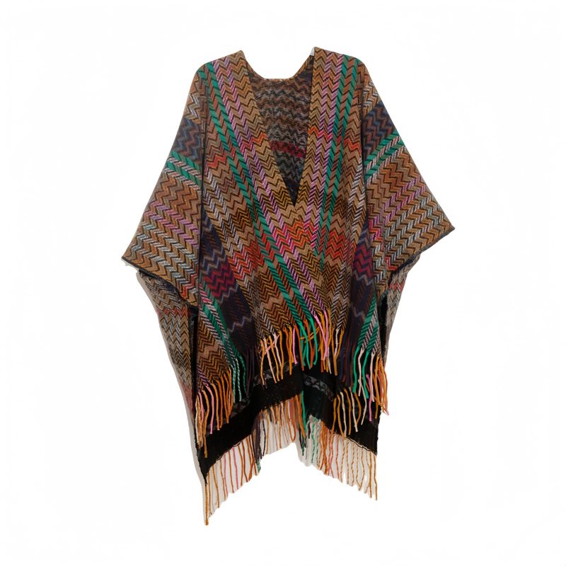 Chale Tibetano con Borlas Onduladas y Colores Vibrantes Tibetan Colorful Wavy Tassel Shawl