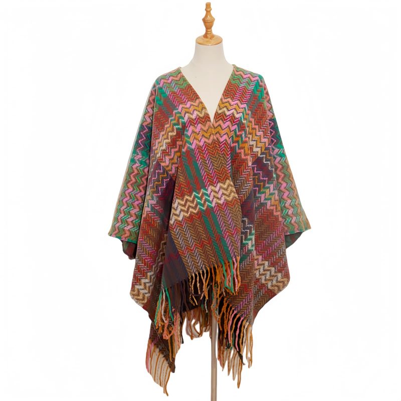 Chale Tibetano con Borlas Onduladas y Colores Vibrantes Tibetan Colorful Wavy Tassel Shawl