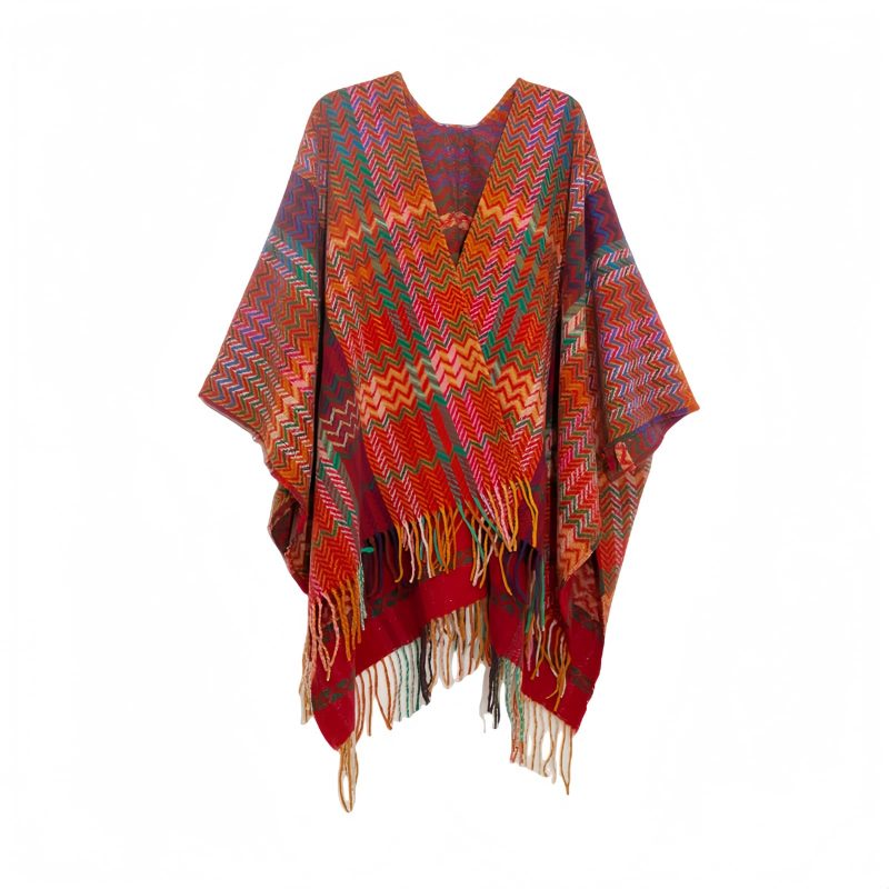 Chale Tibetano con Borlas Onduladas y Colores Vibrantes Tibetan Colorful Wavy Tassel Shawl