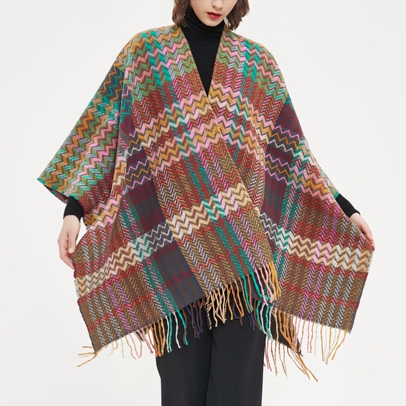 Chale Tibetano con Borlas Onduladas y Colores Vibrantes Tibetan Colorful Wavy Tassel Shawl