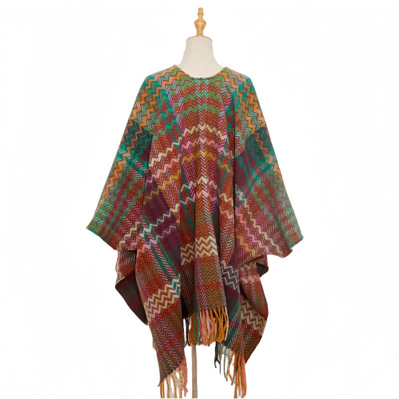 Chale Tibetano con Borlas Onduladas y Colores Vibrantes Tibetan Colorful Wavy Tassel Shawl