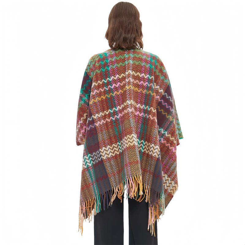 Chale Tibetano con Borlas Onduladas y Colores Vibrantes Tibetan Colorful Wavy Tassel Shawl