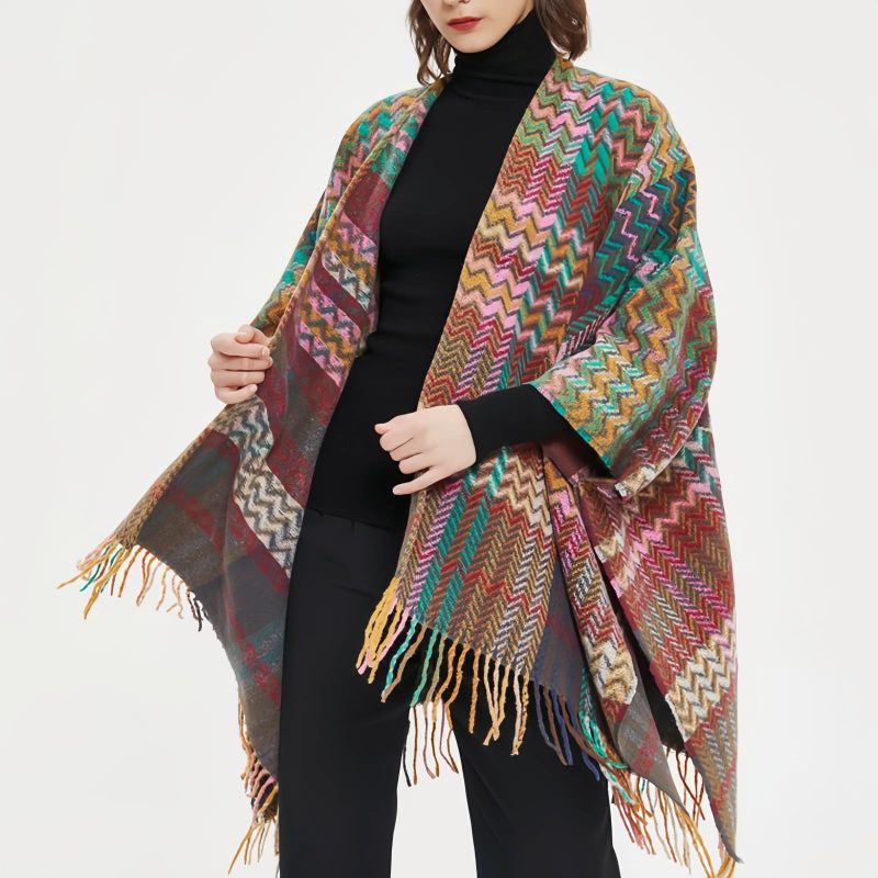 Chale Tibetano con Borlas Onduladas y Colores Vibrantes Tibetan Colorful Wavy Tassel Shawl