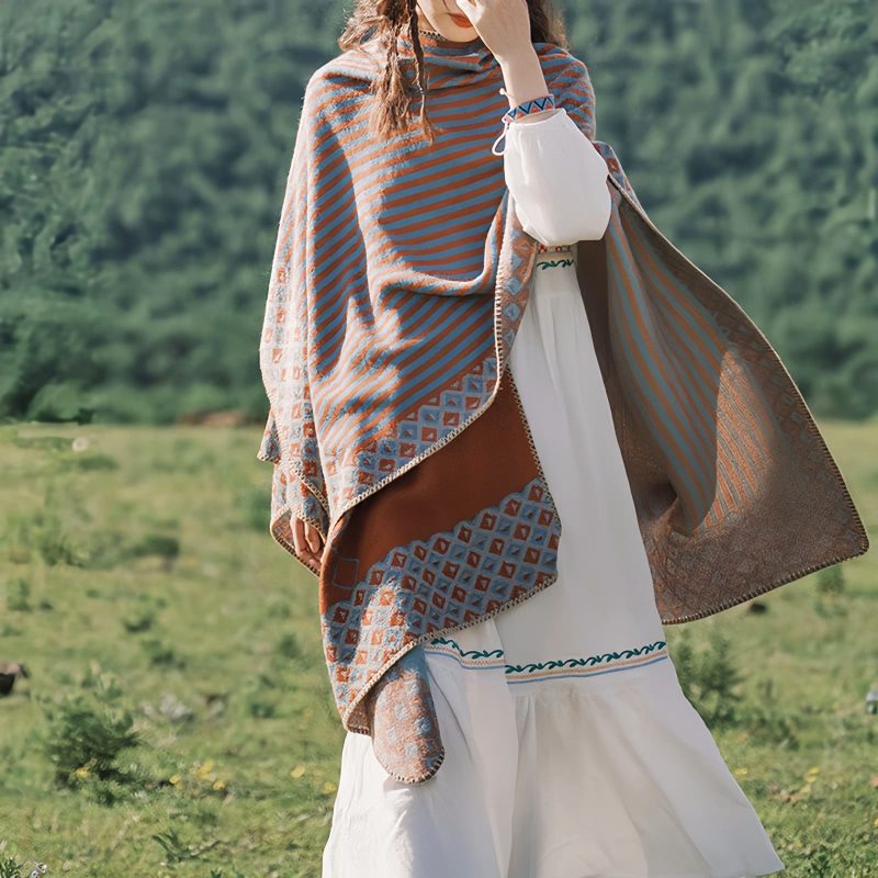 Chal de Rayas con Patrón de Diamante Tibetano Tibetan Diamond Pattern Striped Shawl
