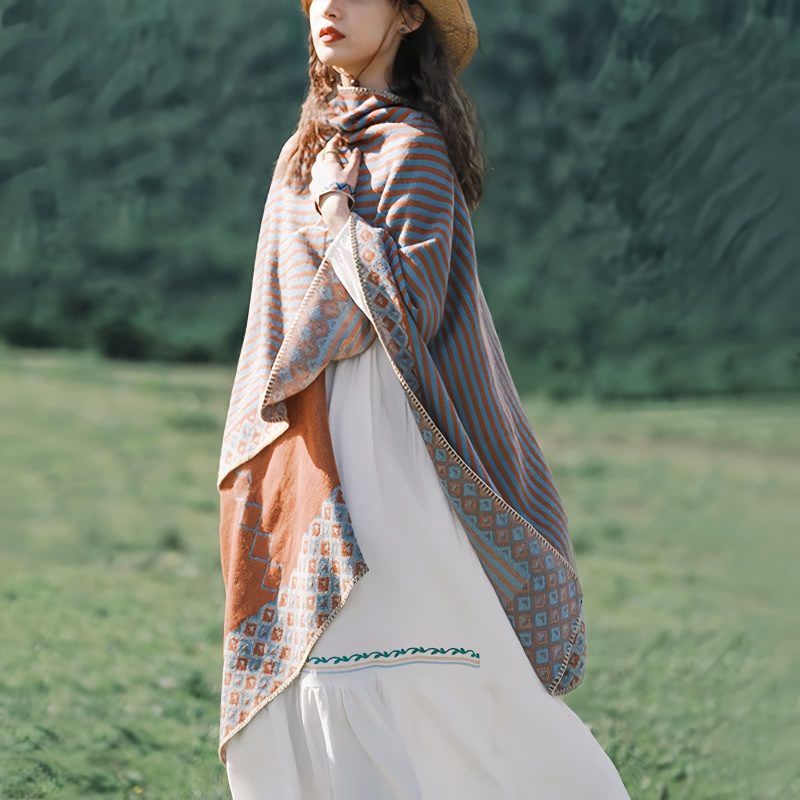 Chal de Rayas con Patrón de Diamante Tibetano Tibetan Diamond Pattern Striped Shawl