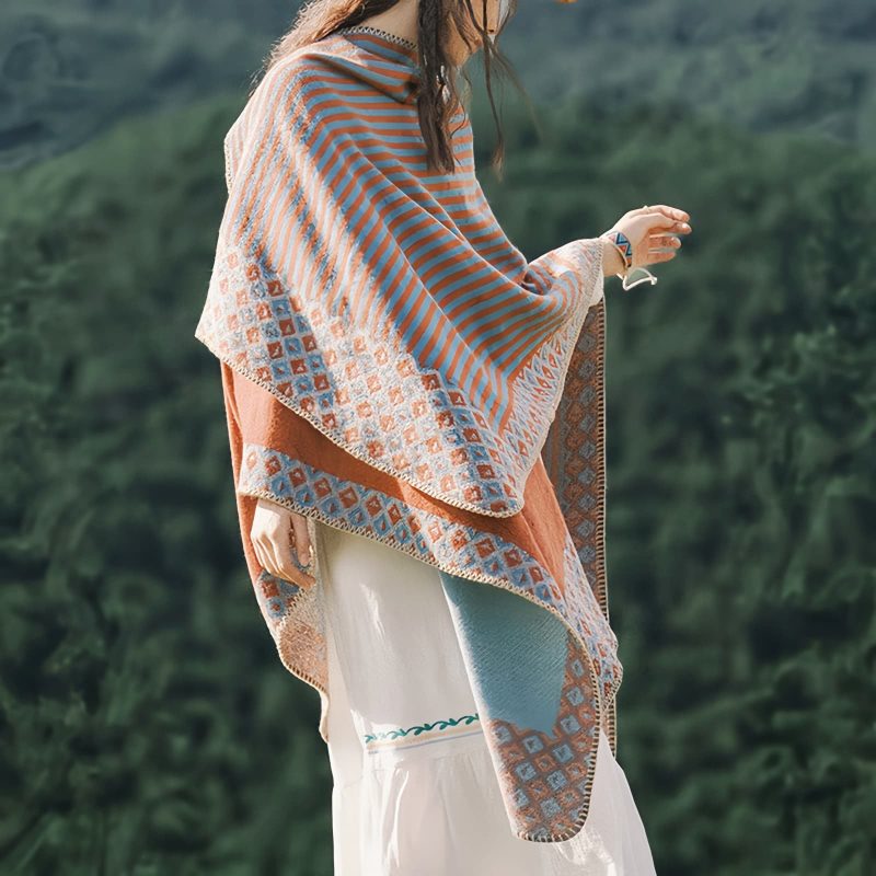 Chal de Rayas con Patrón de Diamante Tibetano Tibetan Diamond Pattern Striped Shawl