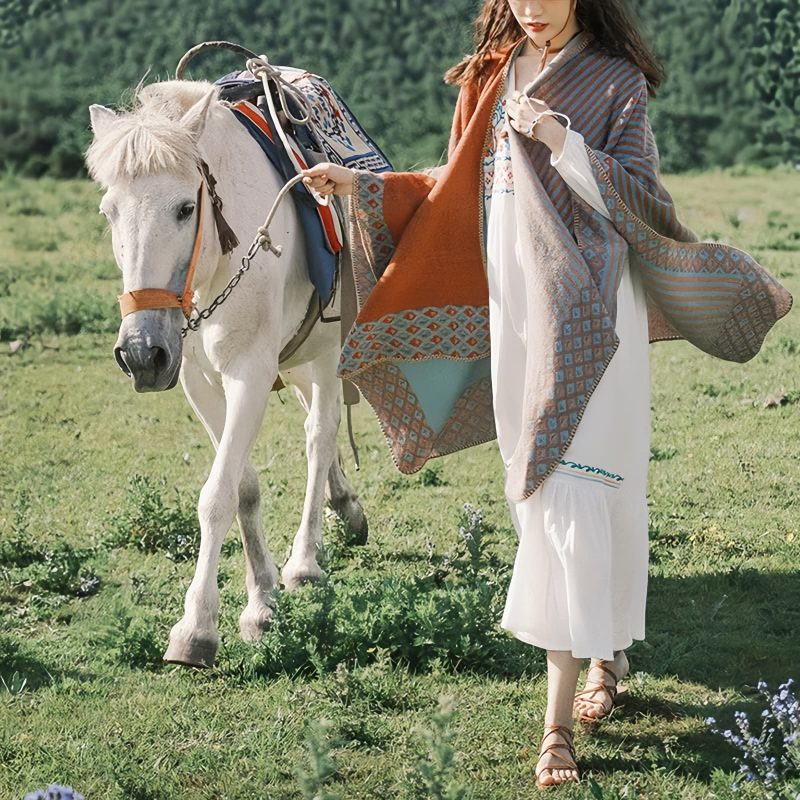 Chal de Rayas con Patrón de Diamante Tibetano Tibetan Diamond Pattern Striped Shawl