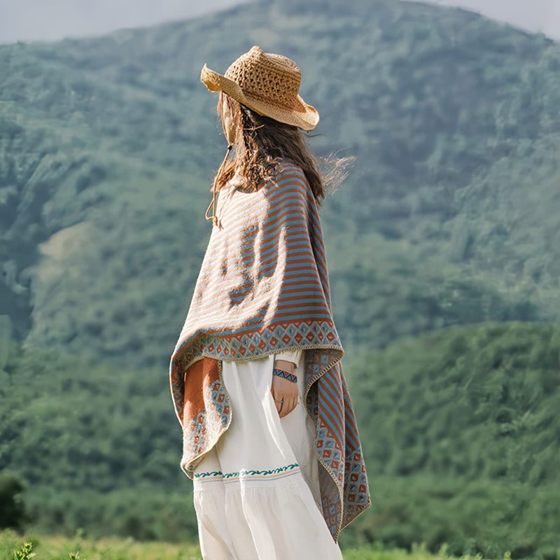 Chal de Rayas con Patrón de Diamante Tibetano Tibetan Diamond Pattern Striped Shawl