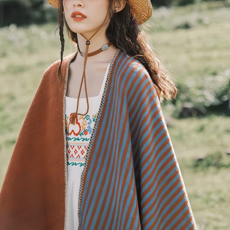 Chal de Rayas con Patrón de Diamante Tibetano Tibetan Diamond Pattern Striped Shawl