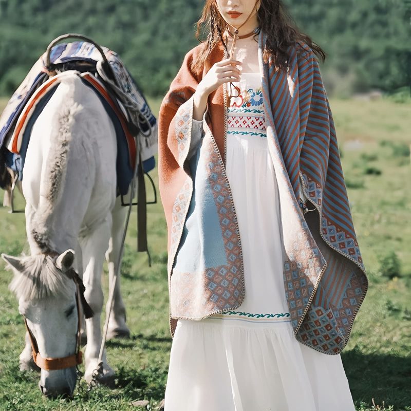 Chal de Rayas con Patrón de Diamante Tibetano Tibetan Diamond Pattern Striped Shawl