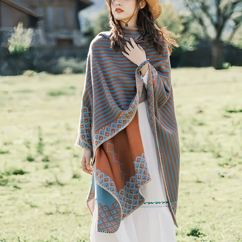 Chal de Rayas con Patrón de Diamante Tibetano Tibetan Diamond Pattern Striped Shawl