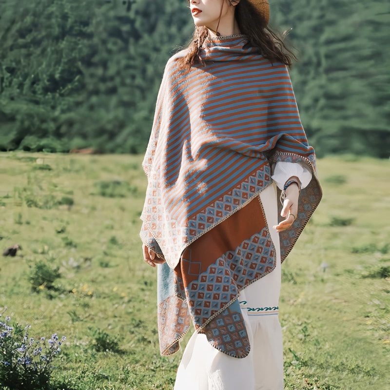 Chal de Rayas con Patrón de Diamante Tibetano Tibetan Diamond Pattern Striped Shawl